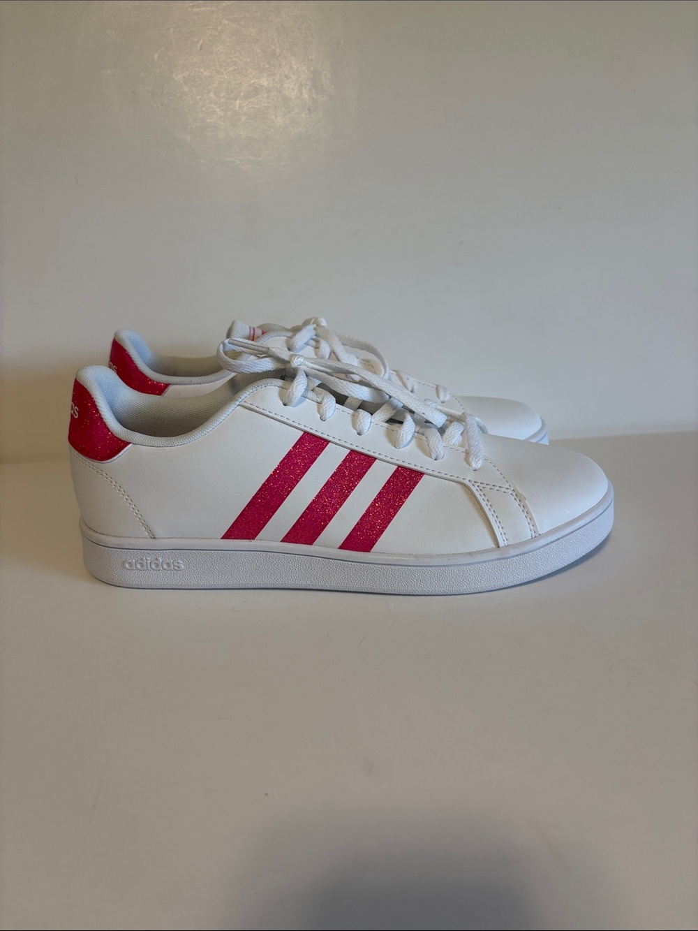 adidas White Low-Top Sneakers with Pink Glitter Stripes